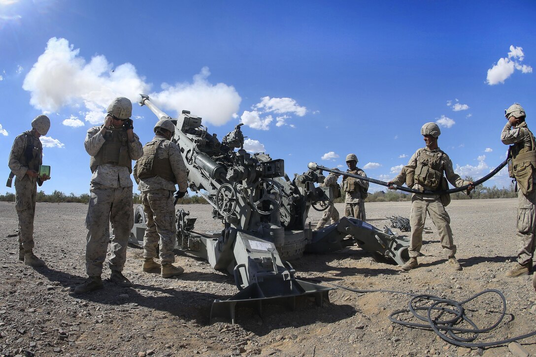 Marines fire an M777 Howitzer during a battle drill at Fire Base Burt, Calif., Oct. 1, 2016. Marine Corps photo by Staff Sgt. Artur Shvartsberg