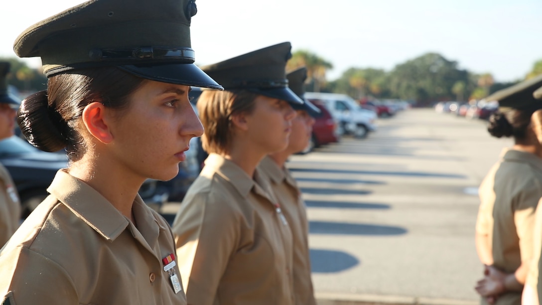 Pfc. Amanda H. Issa prepares for a graduation ceremony Sept. 30, 2016, on Parris Island, S.C. Issa, 21, from Madison Heights, Mich., grew up in Mosul, Iraq, and moved to the U.S. in May 2011. (Photo by Lance Cpl. Carlin Warren)