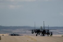 F-15 E Strike Eagles assigned to the 494th Fighter Squadron from Royal Air Force Lakenheath, England, taxi after a sortie in support of Tactical Leadership Programme 16-3 at Los Llanos Air Base, Spain Sep. 26. Training programs like the TLP showcase how the U.S. works side-by-side with NATO Allies and partners every day training to meet future security challenges as a unified force. (U.S. Air Force photo/ Staff Sgt. Emerson Nuñez)