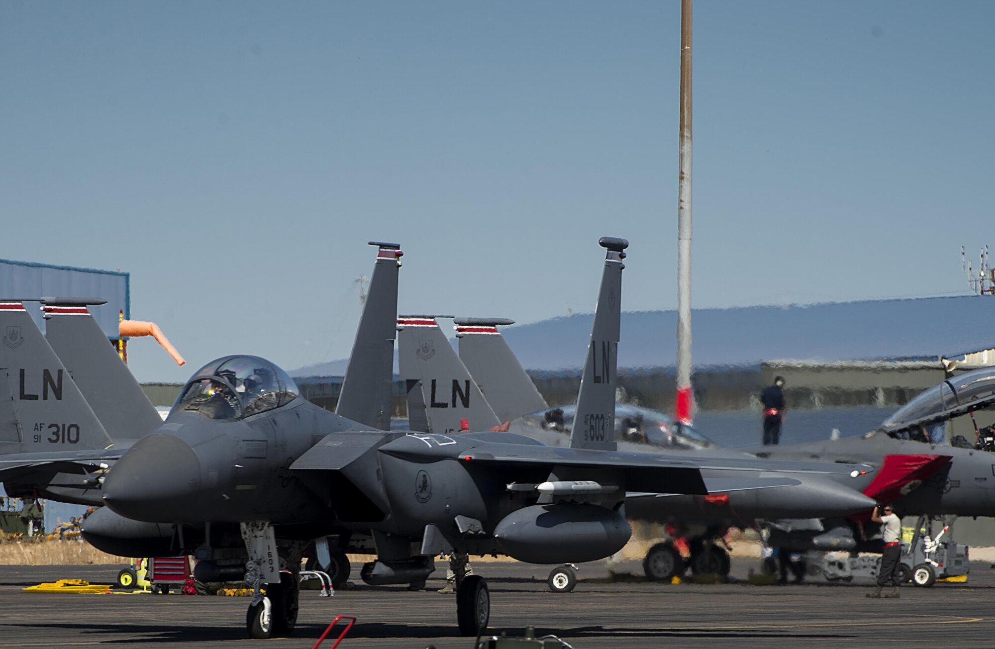An F-15E Strike Eagle assigned to the 494th Fighter Squadron from Royal Air Force Lakenheath, England, taxis to take-off in support of Tactical Leadership Programme 16-3 at Los Llanos Air Base, Spain Sep. 19. The training prepares NATO and allied forces’ flight leaders to be mission commanders, lead coalition force air strike packages, and provide tactical air expertise to NATO agencies. (U.S. Air Force photo/ Staff Sgt. Emerson Nuñez)