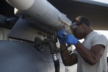 U.S. Air Force Senior Airman Casey Jackson, 48th Component Maintenance Squadron fuels systems journeyman, fuels up an F-15E Strike Eagle after a sortie in support of Tactical Leadership Programme 16-3 at Los Llanos Air Base, Spain, Sept. 21. Throughout its 39-year history, TLP has become the focal point for NATO’s Allied Air Forces tactical training, developing the knowledge and leadership skills necessary to face today's tactical challenges in the air. (U.S. Air Force photo/ Staff Sgt. Emerson Nuñez)