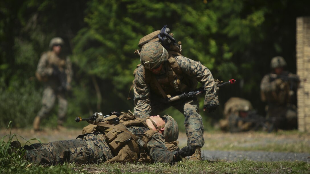 U.S. Marines with Charlie Company, 1st Battalion, 3rd Marine Regiment, react to an Improvised Explosive Device during operation Island Viper at Marine Corps Training Area Bellows, Sept. 27, 2016. Marines wrap up their final week of Exercise Island Viper, an annual pre-deployment training event preparing Marines for a larger exercise in the Pacific Region. During Exercise Island Viper, the Marines practiced clearing buildings, patrolling through simulated villages, completed obstacles on the Leadership Reaction Course and traversing through an Improvised Explosive Device course.