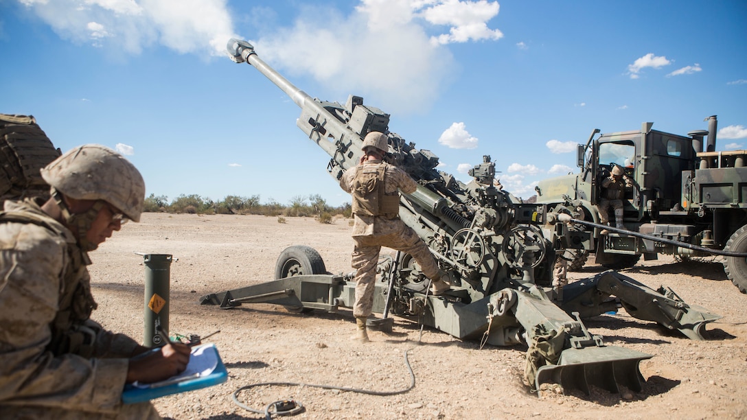 Marines with 1st Battalion, 11th Marine Regiment, fire the M777 Howitzer during a CH-53 day battle drill exercise at Fire Base Burt, Calif., Oct. 1, 2016. The battle drill was part of Weapons and Tactics Instructor Course (WTI) 1-17, a seven week training event hosted by MAWTS-1 cadre which emphasizes operational integration of the six functions of Marine Corps aviation in support of a Marine Air Ground Task Force. MAWTS-1 provides standardized advanced tactical training and certification of unit instructor qualifications to support Marine aviation Training and Readiness and assists in developing and employing aviation weapons and tactics. 