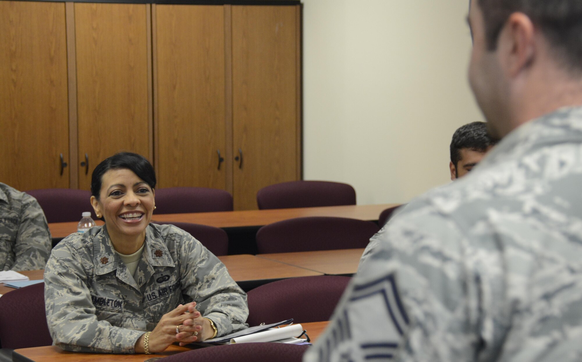 Maj. Roxy Hambleton, the 482nd Force Support Squadron officer in charge of military personnel,  gives feedback to a senior master sergeant preparing for a public speaking engagement at one of her public speaking workshops at Homestead Air Reserve Base, Florida, Sept. 9. (U.S. Air Force photo/Senior Airman Frank Casciotta)