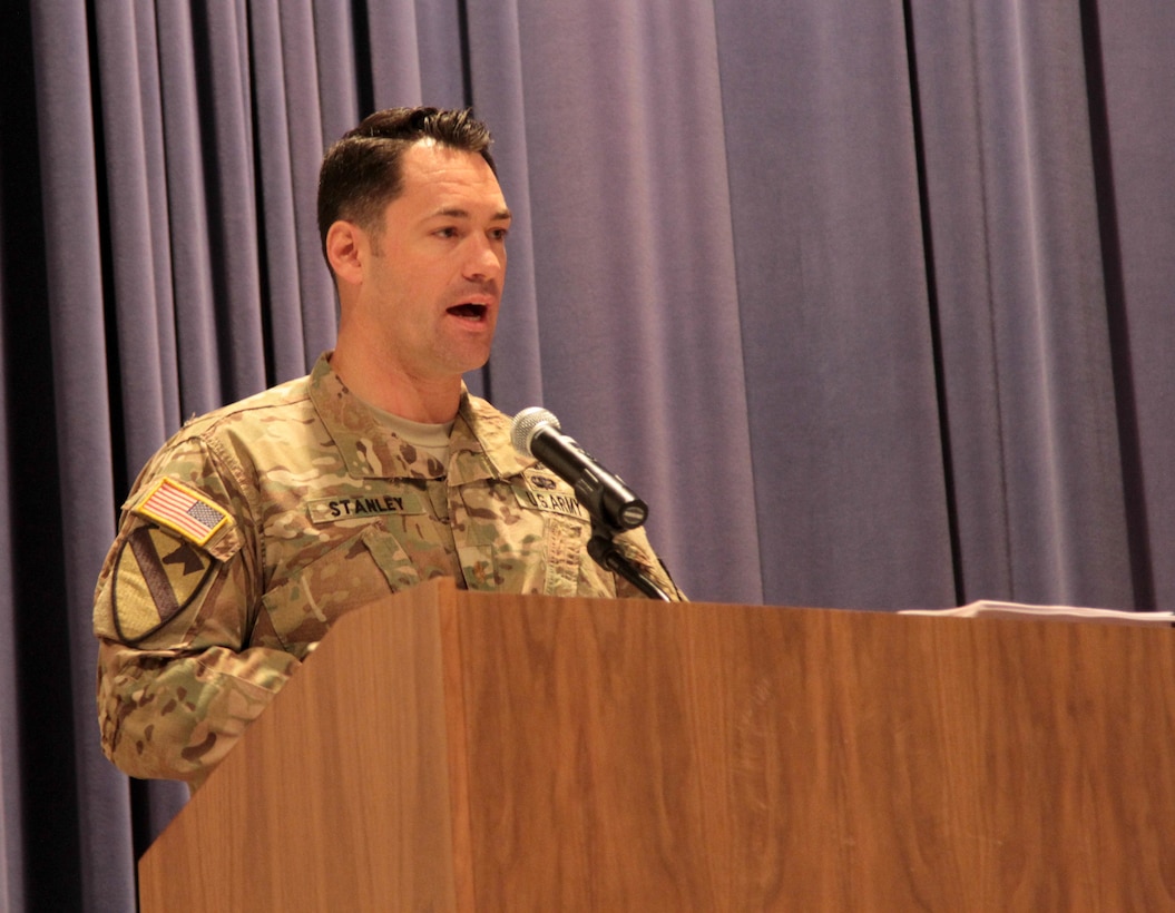 United States Army Reserve Strategic Command Troop Program Unit (STRATCOM TPU) honored its outgoing commander, Maj. Adam Stanley, and welcomed Maj. Russell Porter in the change of command ceremony Sept. 10 at Peterson Air Force Base auditorium.  In his speech, Stanley remarked on the endless productivity that his Soldiers have provided to the unit, to the Army Reserve.  “You’re more than just an active duty Soldier. You’re a dad; you’re a mom, husband, and wife.  I appreciate the sacrifice because I know that it does takes sacrifice to be here today and everything.”