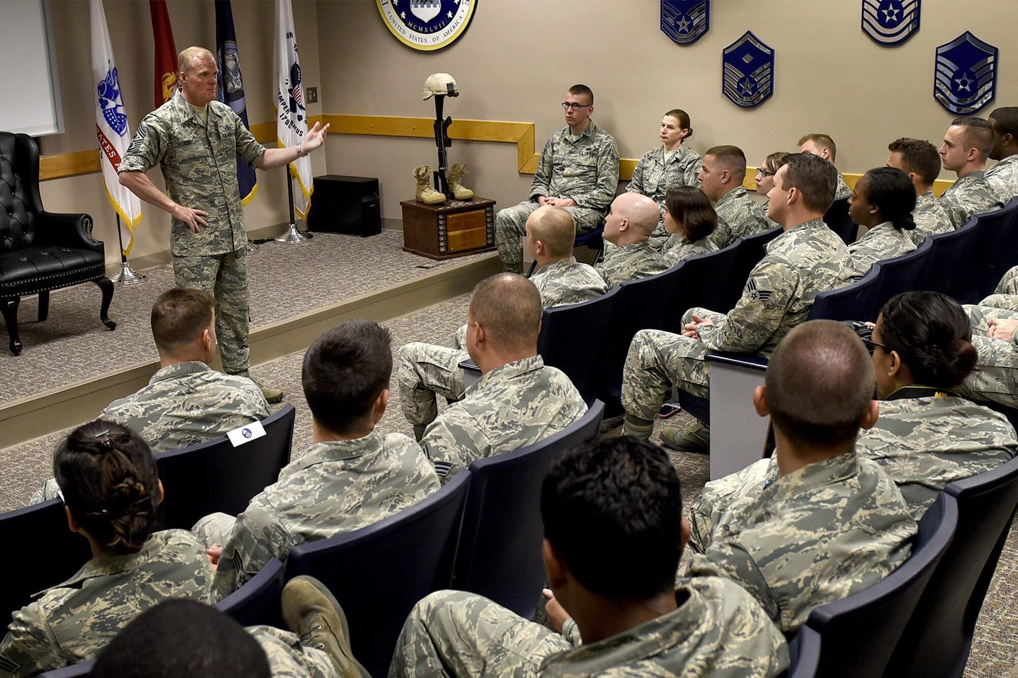 PETERSON AIR FORCE BASE, Colo. – Chief Master Sgt. of the Air Force James Cody answers questions from students attending Airmen Leadership School at Peterson Air Force Base, Colo., Sept. 29, 2016. Cody provided some insight to the students attending the course who are learning leadership techniques to apply when they become front-line supervisors. (U.S. Air Force photo by Senior Airman Rose Gudex)