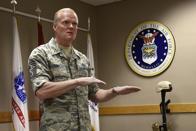 PETERSON AIR FORCE BASE, Colo. – Chief Master Sgt. of the Air Force James Cody answers questions from students attending Airmen Leadership School at Peterson Air Force Base, Colo., Sept. 29, 2016. Cody answered questions ranging from tattoo and on-base firearm policies to enlisted promotion system changes. (U.S. Air Force photo by Senior Airman Rose Gudex)