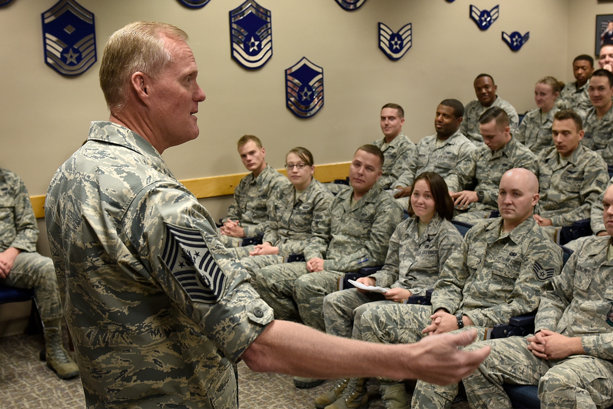 PETERSON AIR FORCE BASE, Colo. – Chief Master Sgt. of the Air Force James Cody engages with students attending Airmen Leadership School at Peterson Air Force Base, Colo., Sept. 29, 2016. Cody provided senior enlisted leadership insight to decisions made that will affect how they lead others when they become supervisors. (U.S. Air Force photo by Senior Airman Rose Gudex)