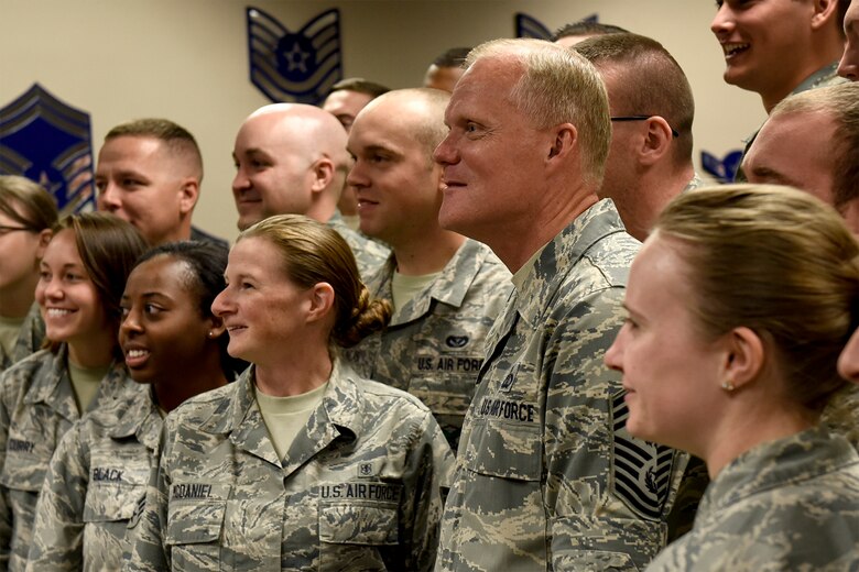 PETERSON AIR FORCE BASE, Colo. – Chief Master Sgt. of the Air Force James Cody interacts with students attending Airmen Leadership School at Peterson Air Force Base, Colo., Sept. 29, 2016. Cody answered questions ranging from tattoo and on-base firearm policies to enlisted promotion system changes. (U.S. Air Force photo by Senior Airman Rose Gudex))