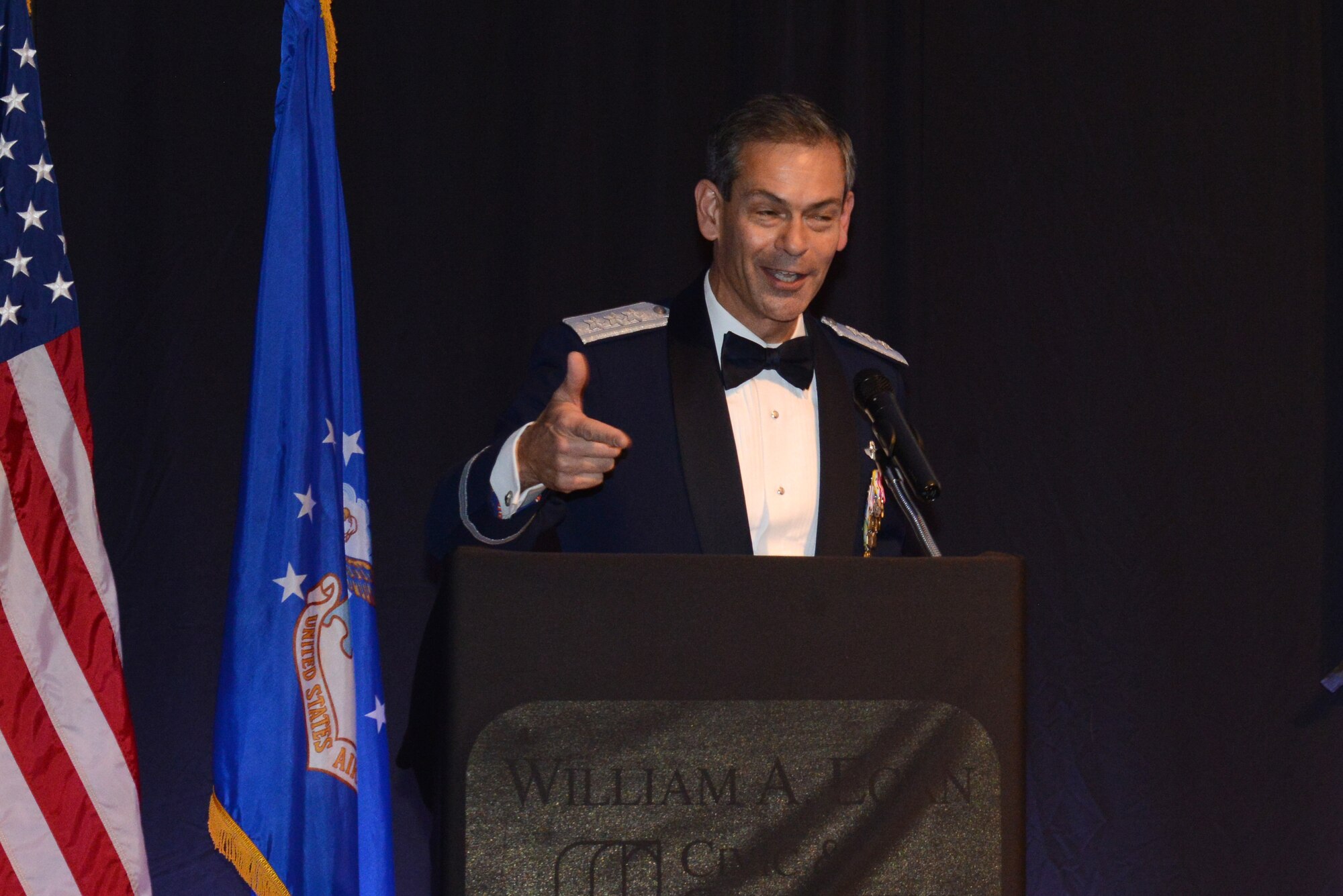 Air Force Lt. Gen. Kenneth Wilsbach, commander of the North American Aerospace Defense Command, Alaskan NORAD Region, U.S. Northern Command, Alaskan Command, and 11th Air Force, gives a speech during the 2016 Joint Base Elmendorf-Richardson Air Force Ball at the Anchorage Egan Center, Alaska, Sept. 24, 2016. This event marked the Air Force’s 69th birthday celebrating the Air Force’s heritage through reflection, ceremony and camaraderie.