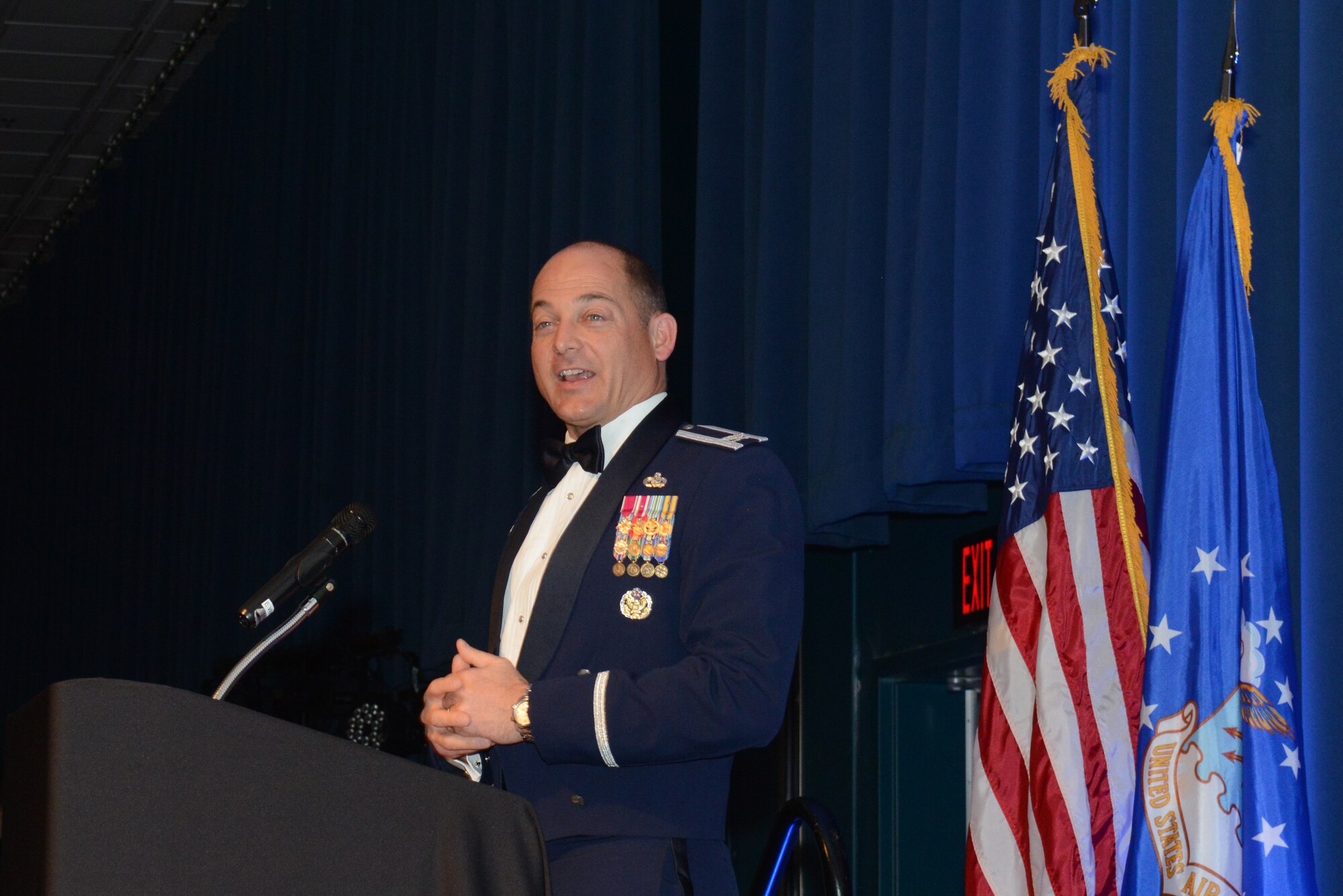 Air Force Col. George T.M. Dietrich III, Joint Base Elmendorf-Richardson and 673d Air Base Wing commander, speaks at the 2016 JBER Air Force Ball at the Anchorage Egan Center, Alaska, Sept. 24, 2016. This event marked the Air Force’s 69th birthday celebrating the Air Force’s heritage through reflection, ceremony and camaraderie.