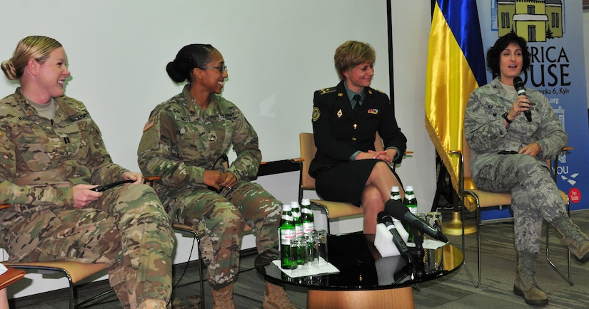 Col. Carol Northrup, United States Senior Defense official and Defense Attache to Ukraine spoke about the honors and obstacles of being a woman serving in the military, Sept. 29, at the America House in Kyiv. Northrup, along with four other women service members from the U.S. and Ukraine spoke about their trials, tribulations and successful moments during their time in the military. (Photo by Army Staff Sgt. Elizabeth Tarr)