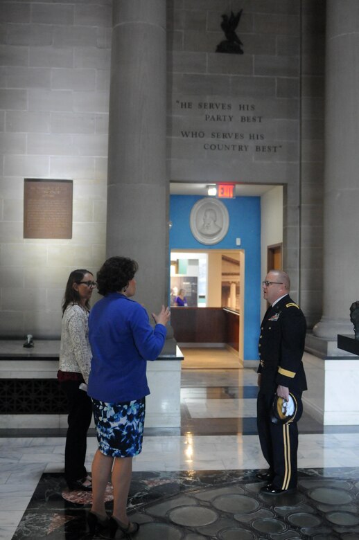 FREMONT, Ohio (October 2, 2016) – Brigadier Gen. Stephen E. Strand, deputy commanding general, 88th Regional Support Command, listens to Christine Weininger, executive director of the Hayes Presidential Library and Museum, during a pre-ceremony tour of the museum. Strand placed a wreath at the President Rutherford B. Hayes burial site to honor the 19th President of the United States, Oct. 2.
