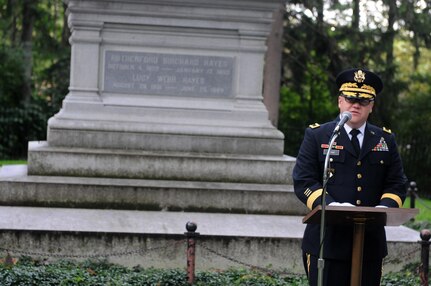 FREMONT, Ohio (October 2, 2016) – Brigadier Gen. Stephen E. Strand, deputy commanding general, 88th Regional Support Command, speaks to the gathered crowd about the legacy and service of Rutherford B. Hayes, the 19th President of the United States, during a wreath-laying ceremony at the president’s burial site in Fremont, Ohio, October 2.