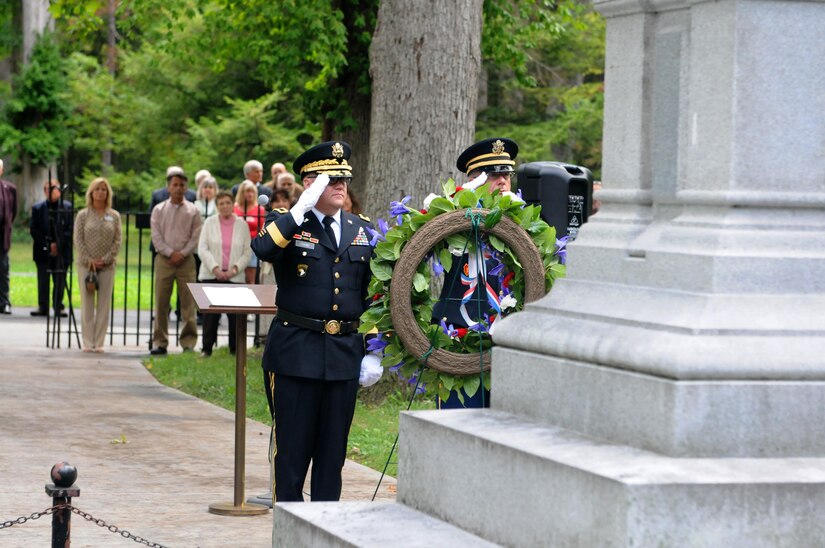 FREMONT, Ohio (October 2, 2016) – Brigadier Gen. Stephen E. Strand, left, deputy commanding general, 88th Regional Support Command, and Chap. (Maj.) Scott Hagen, deputy command chaplain, 88th RSC, salute the wreath they placed at the tomb for President Rutherford B. Hayes during a ceremony honoring the 19th president in Fremont, Ohio, October 2.