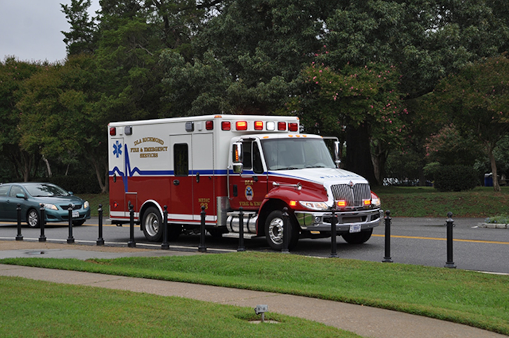 Members of the Defense Logistics Agency Installation Support at Richmond, Virginia's Fire and Emergency Services respond to a call for Emergency Medical Services Sept. 20, 2016. 