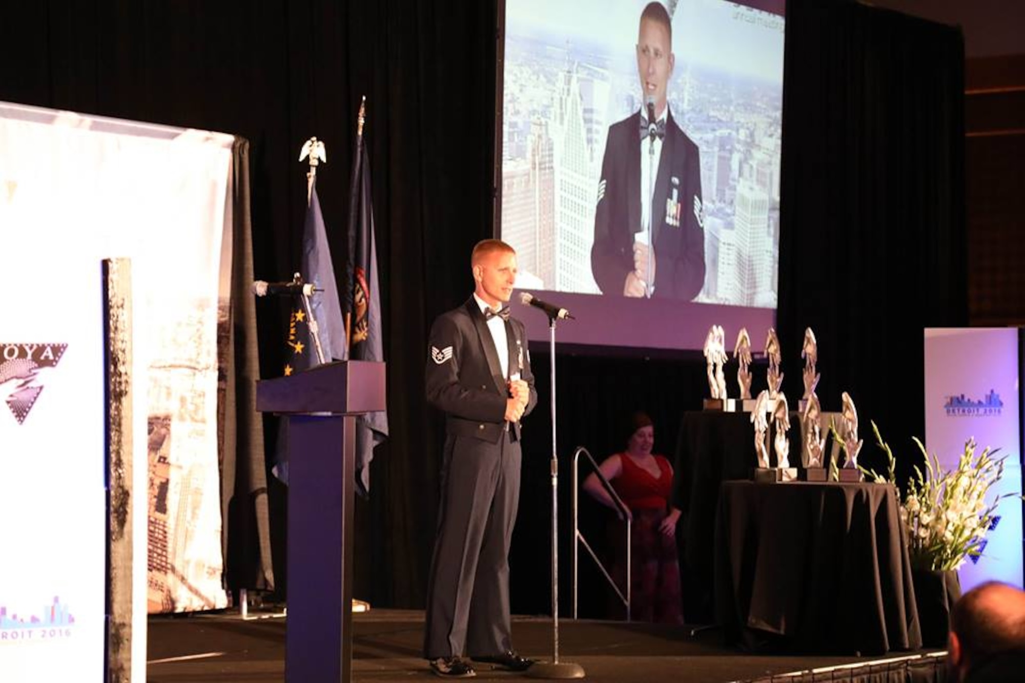 Staff Sgt. Ryan Charrier, 442nd Aircraft Maintenance Squadron crew chief, speaks during the 2016 Ten Outstanding Young Americans award ceremony in Detriot, Mi., September 24, 2016. Charrier is the founder and president of Operation ReConnect, which provides combat veterans and their families a free vacation after an overseas deployment. (Courtesy Photo)