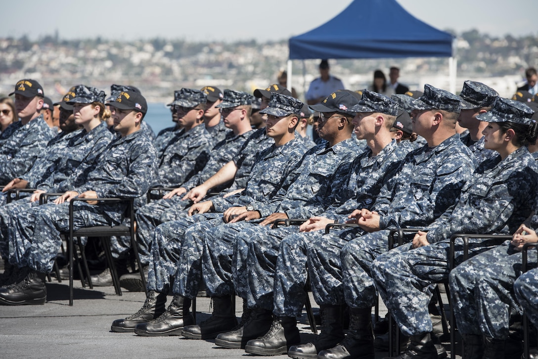 Sailors listen as Defense Secretary Ash Carter addresses them aboard the USS Carl Vinson in San Diego, Sept. 29, 2016. DoD photo by Air Force Tech. Sgt. Brigitte N. Brantley