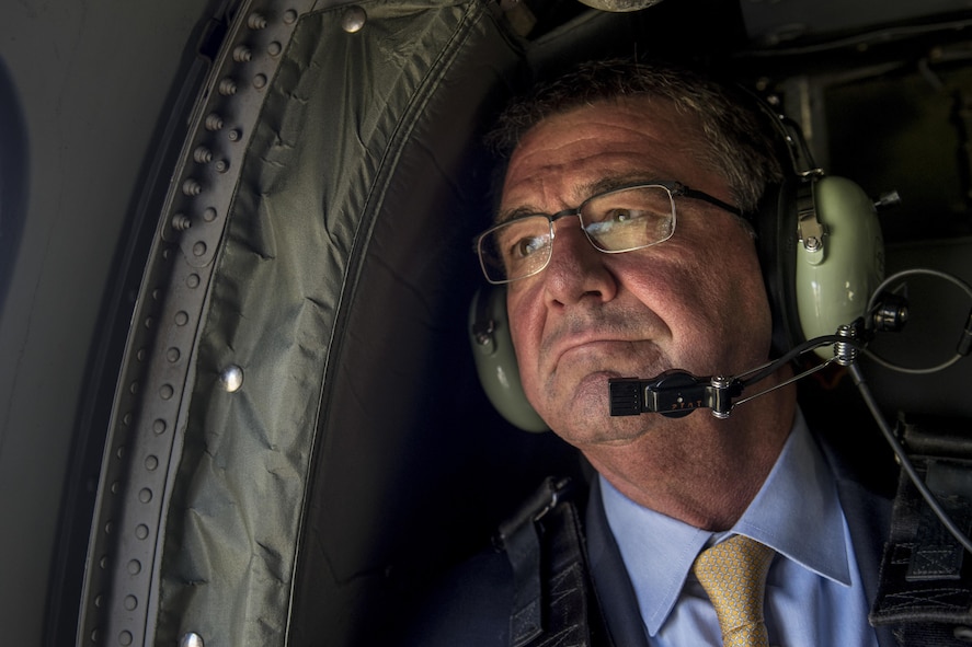 A closeup of Defense Secretary Ash Carter in an aircraft