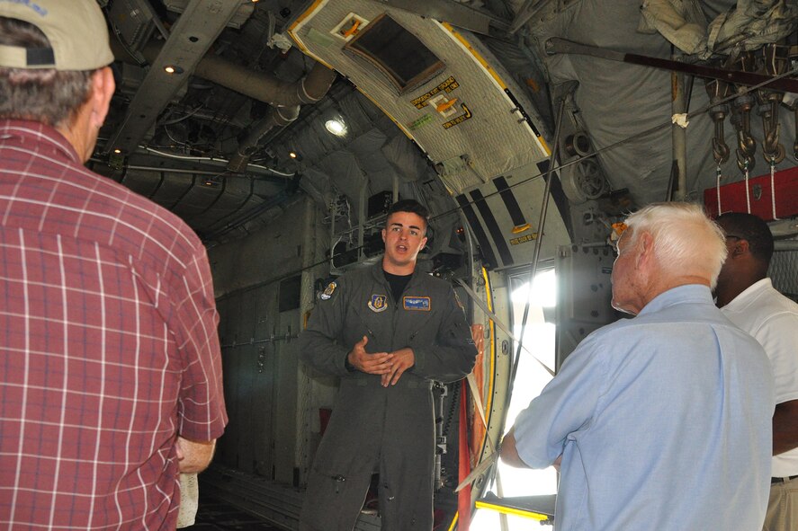 YOUNGSTOWN AIR RESERVE STATION, Ohio – Air Force Reserve Senior Airman Ethan Sanchez, a loadmaster assigned to the 757th Airlift Squadron, talks with a group of attendees on the cargo deck of a C-130H Hercules tactical cargo transport aircraft during the 4th Annual Joint Employer Awareness Event here, Aug. 12, 2016. The two-day event, designed to give civilian employers of Reservists and National Guardsmen a better understanding of the mission their employees carry out as members of the U.S. Armed Forces, also gave attendees the opportunity to get an up-close look at the U.S. Coast Guard Station and U.S.S. Cod World War II Navy Submarine memorial at the Port of Cleveland as well as the 910th Airlift Wing's facilities here. (U.S. Air Force photo/Master Sgt. Bob Barko Jr.)