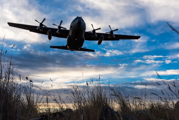 A modified C-130 Hercules soars overhead as it prepares to spray herbicide at the Saylor Creek
Training Range, Idaho, Sept. 17, 2016. The aircraft, from the 910th Airlift Wing, flys only 100 feet above the ground to spray aerial herbicide. (U.S. Air Force photo by Senior Airman Connor J. Marth/Released)