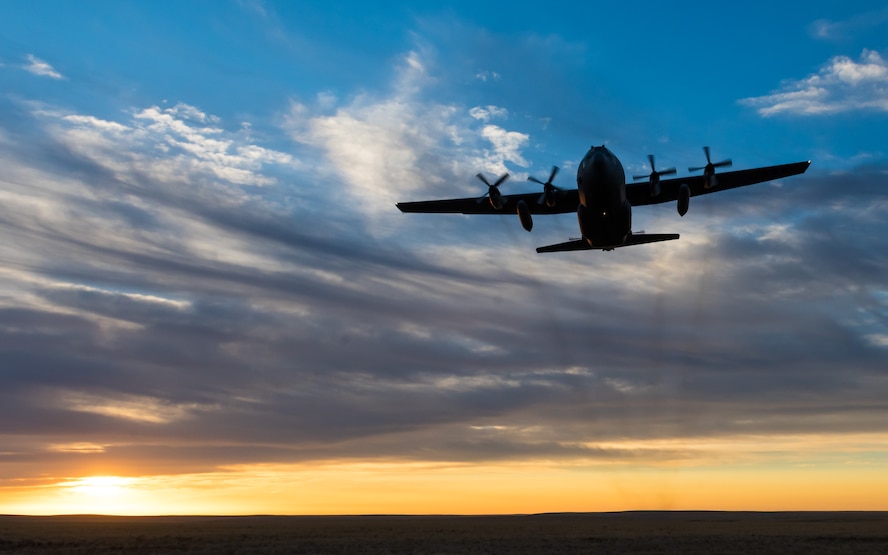 A modified C-130 Hercules soars overhead as it prepares to spray herbicide at the Saylor Creek
Training Range, Idaho, Sept. 17, 2016. Two prongs located in its mid-section emit a mixture of water and herbicides to spray large areas. (U.S. Air Force photo by Senior Airman Connor J. Marth/Released)