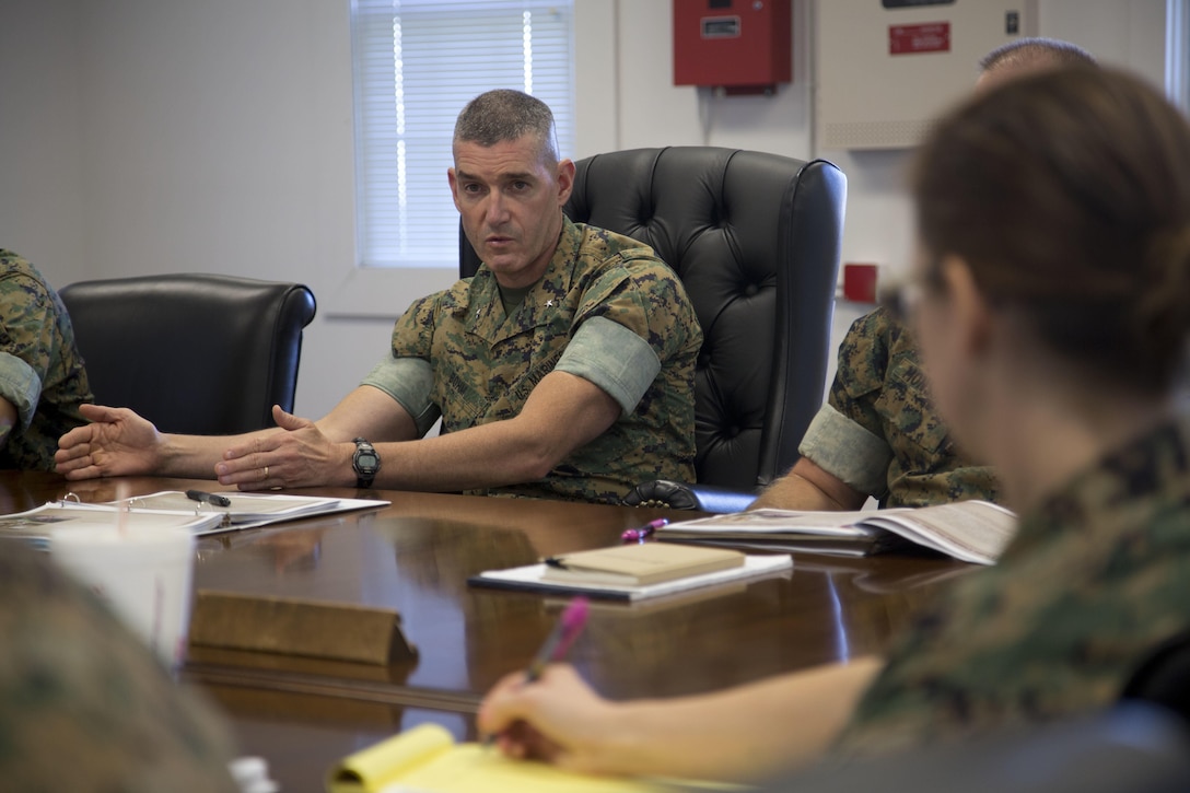 U.S. Marine Brig. Gen. Jason Q. Bohm, Commanding General, Training Command, addresses Marine Corps Combat Service Support Schools (MCCSSS) commanding officers and staff during a scheduled visit onboard Camp Johnson, N.C., Sept. 8, 2016. Brig. Gen. Bohm visited MCCSSS to receive information concerning current school initiatives, operations and advocacy. (U.S. Marine Corps photo by Cpl. Andrew M. Kuppers)