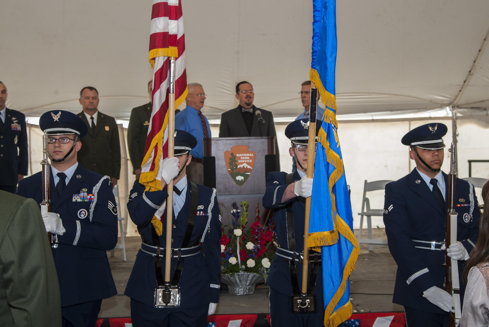 Ellsworth Air Force Base honor guard presents the colors during the national anthem at the Minuteman Missile National Historic Site, Philip, S.D., Sept. 24, 2016. Ellsworth was one of three Air Force bases represented at the event. (U.S. Air Force photo/Airman 1st Class Christian Sullivan)