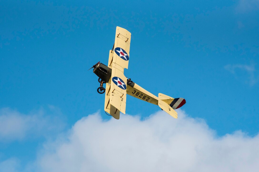 DAYTON, Ohio -- World War I aircraft took to the skies during the Tenth WWI Dawn Patrol Rendezvous on Oct. 1-2, 2016, at the National Museum of the U.S. Air Force. This aircraft is a Curtiss JN4 Jenny from the non-profit organization "Friends of Jenny", Bowling Green, Kentucky. (U.S. Air Force photo by Ken LaRock) 