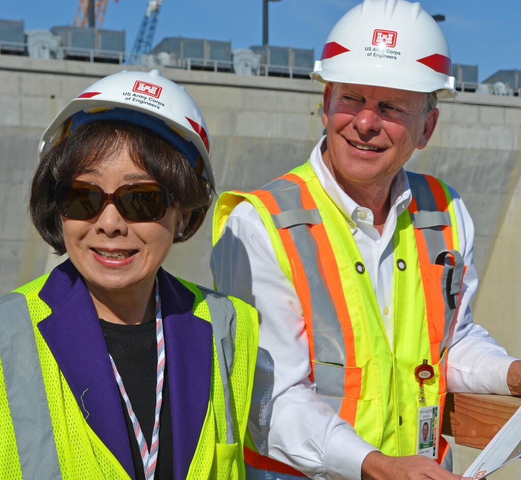 USACE Sacramento District Mega Project Center Director David Thomas provides a tour of the Folsom Dam auxiliary spillway project to Congresswoman Doris Matsui. Thomas was recognized September 28, 2016, by the American Society of Civil Engineers for his leadership on the project.