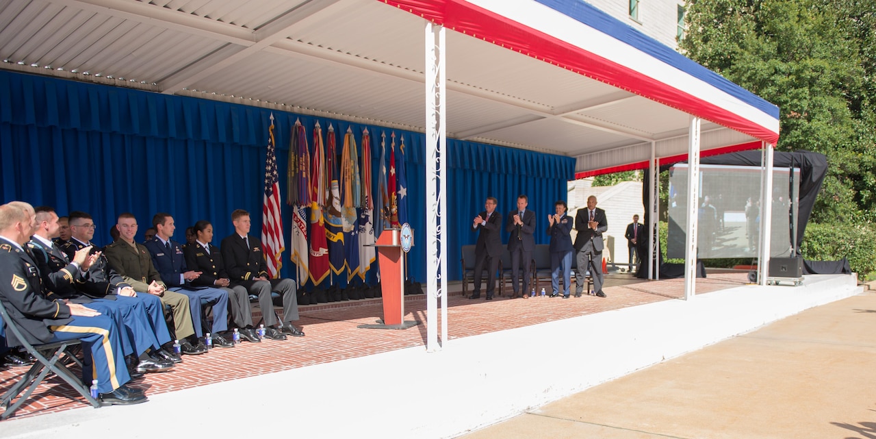 Defense Secretary Ash Carter and Pentagon senior leaders honor service members who competed in the 2016 Paralympics and Olympics during a ceremony at the Pentagon courtyard, Oct. 3, 2016. DoD photo by Army Sgt. Amber I. Smith