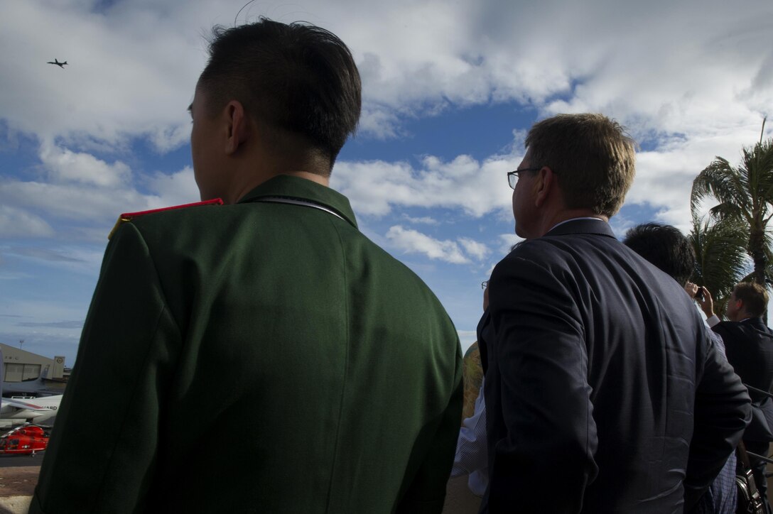 Secretary of Defense Ash Carter and defense ministers from the Indo-Asia-Pacific region watch as a U.S. Air Force B-1B Lancer flies overhead at Joint Base Pearl Harbor-Hickam, Hawaii, Sept. 30, 2016. Carter and the defense ministers were in Hawaii for the U.S.-Association of the Southeast Asian Nations (ASEAN) Defense Informal. The gathering included defense ministers from ASEAN member states, and follows up on commitments and issues raised at the 2016 U.S.-ASEAN Summit in Laos. (U.S. Air Force photo by Staff Sgt. Alexander Martinez)