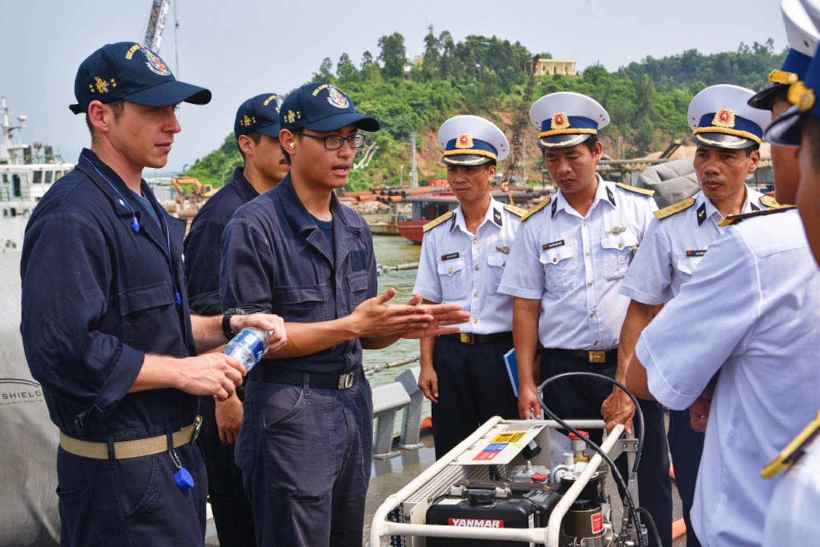 Sailors from the Arleigh-Burke class guided-missile destroyer USS John S. McCain (DDG 56) participate in a damage control professional exchange and practical with sailors from Vietnam People’s navy during Naval Engagement Activity (NEA) Vietnam Oct. 2, 2016. In its seventh year, NEA Vietnam is designed to foster mutual understanding, build confidence in the maritime domain and strengthen relationships between the U.S. Navy, Vietnam People's Navy and the local community.