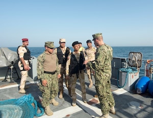 Iraqi sailors assigned to Al Basra-class offshore support vessel Al Basra (OSV 401) provides a tour of the Al Basra to U.S. Coast Guardsmen assigned to the U.S. Coast Guard Island-class patrol cutter USCGC Maui (WPB-1304) and the U.S. Coast Guard Island-class patrol cutter USCGC Wrangell (WPB 1332) as part of Combined, Task Force (CTF) 152 Passing Exercise (PASSEX). The U.S. Coast Guard participates in PASSEX exercises with partner nations routinely to build and strengthen interoperability throughout the region. CTF 152 is a multinational naval task force, set up in 2004, to coordinate theater security cooperation activities with regional partners and conducts maritime security operations in the U.S. 5th Fleet area of responsibility.