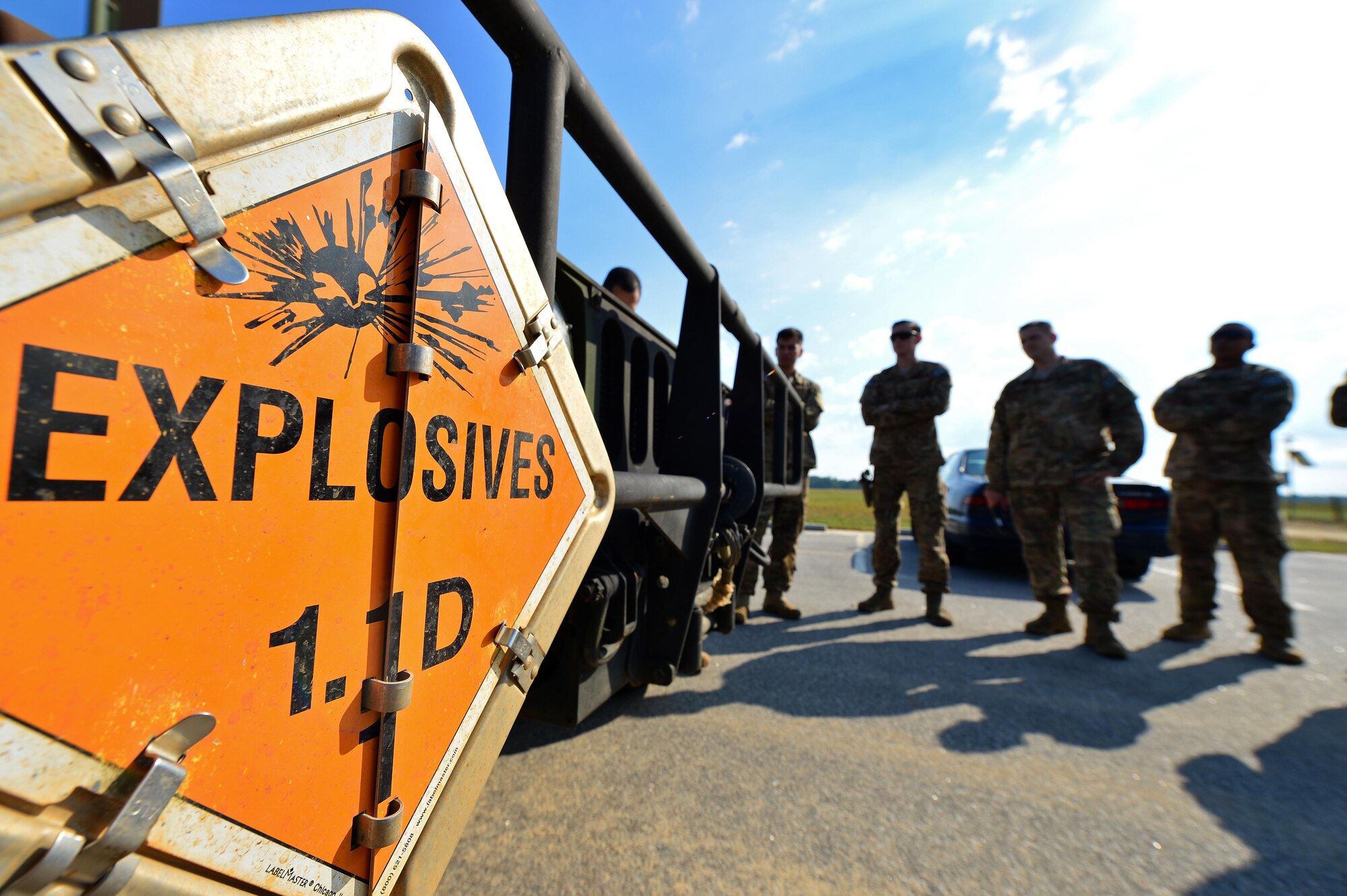 U.S. Airmen assigned to the 20th Civil Engineer Squadron explosive ordnance disposal flight receive a safety brief at Poinsett Electronic Combat Range, Wedgefield, S.C., Sept. 29, 2016. During the safety brief, Airmen discussed emergency plans, evacuation points, and appointed individuals to handle various tasks in the event of an emergency. (U.S. Air Force photo by Airman 1st Class Christopher Maldonado)