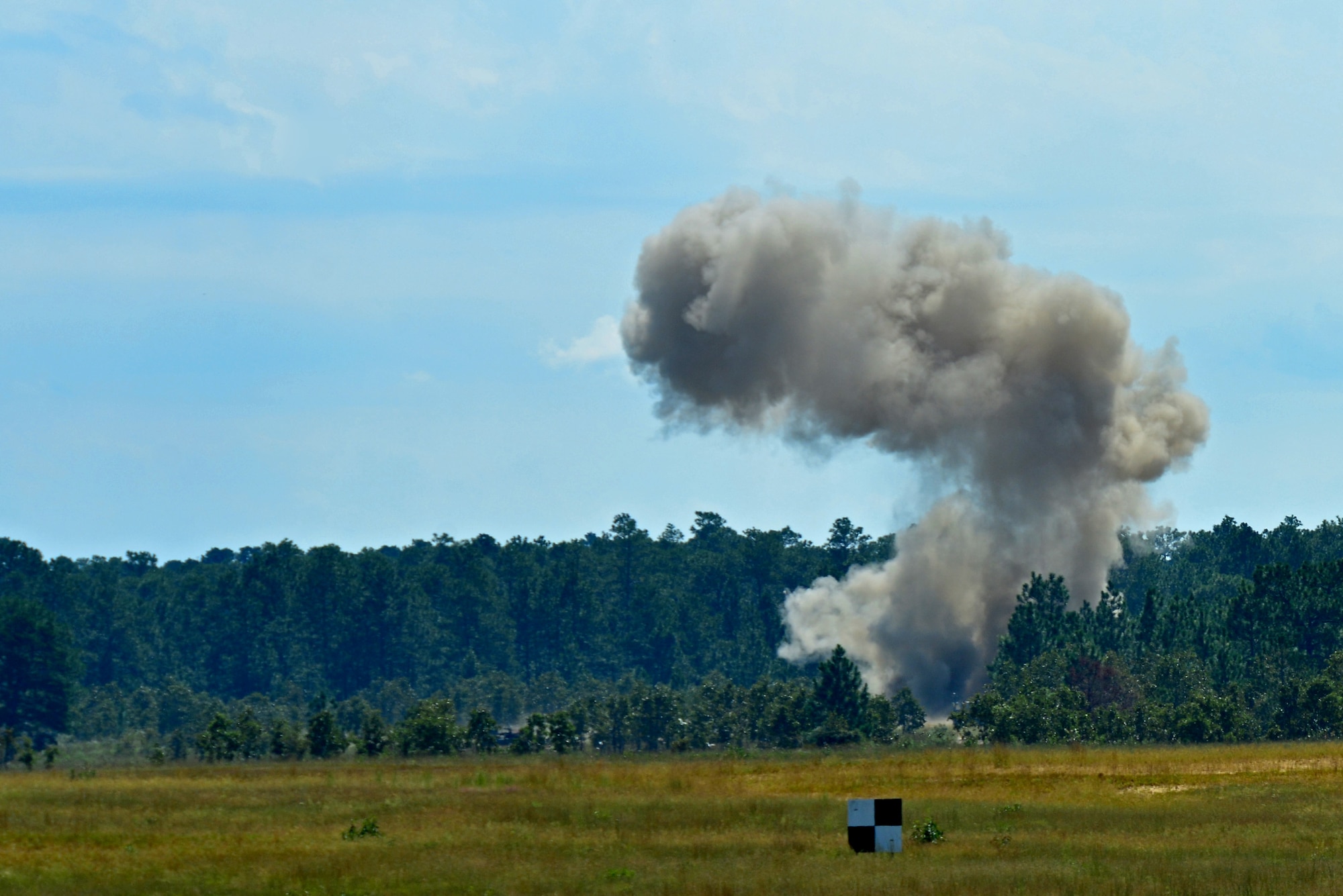 U.S. Airmen assigned to the 20th Civil Engineer Squadron explosive ordnance disposal flight detonate explosives at Poinsett Electronic Combat Range, Wedgefield, S.C., Sept. 29, 2016. The EOD Airmen used C-4 to destroy leftover dud-fired training munitions as part of a semi-annual maintenance of the training range. (U.S. Air Force photo by Airman 1st Class Destinee Sweeney)