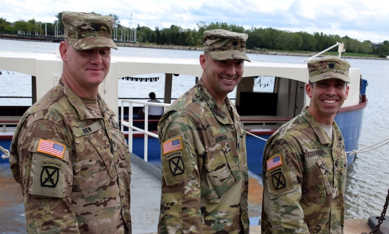COL Christopher Drew (left), LTC Dennis Sugrue (middle), and LTC Adam Czekanski (right), all served with the 10th Mountain in combat and now serve the Nation as leaders of the U.S. Army Corps of Engineers Great Lakes districts, September 9, 2016. 