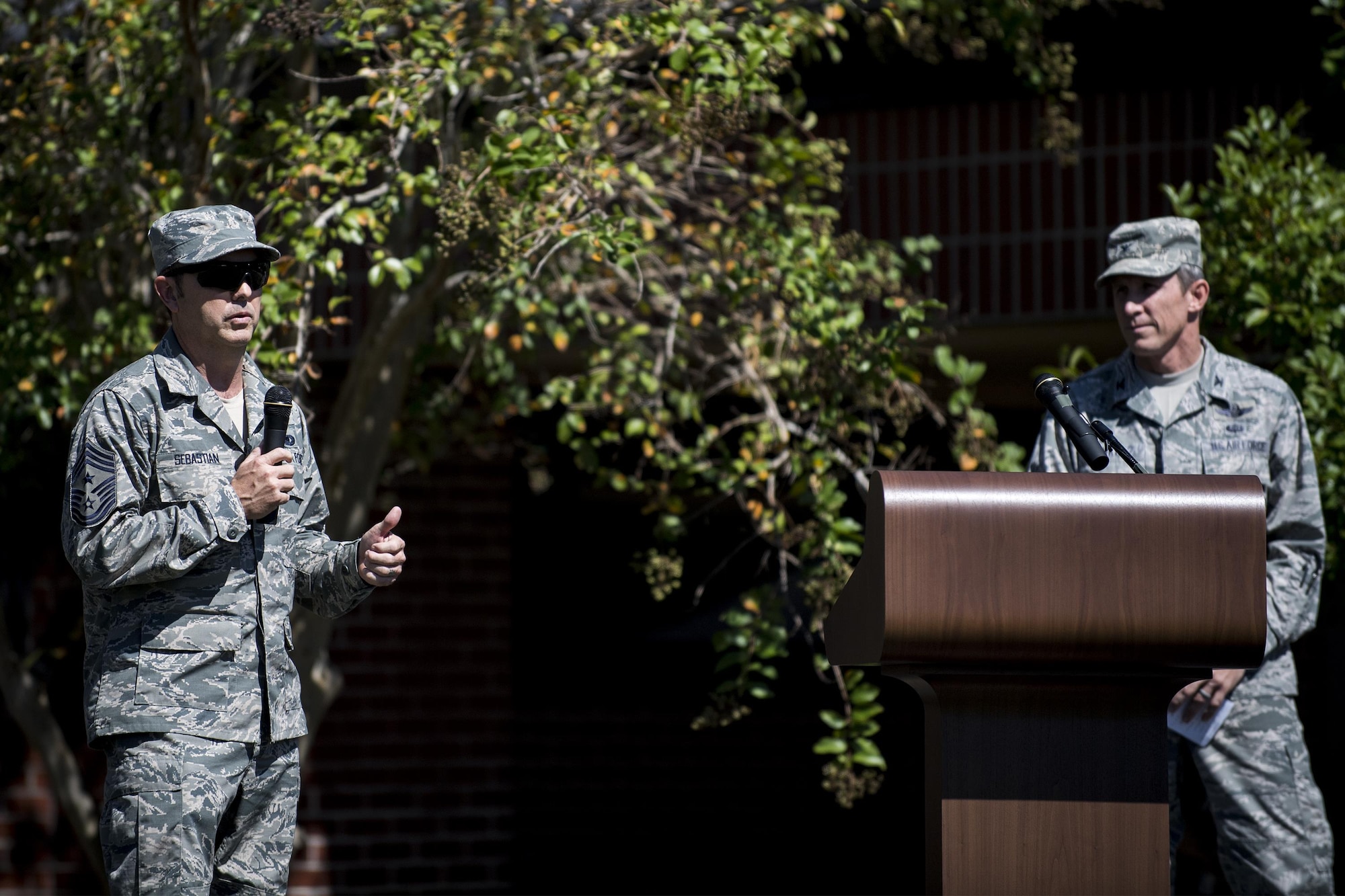 U.S. Air Force Chief Master Sgt. Jarrod Sebastian, 23d Wing command chief, gives his remarks during Comprehensive Airman Fitness day, Sept. 30, 2016, at Moody Air Force Base, Ga. CAF days are meant to build and sustain a resilient Air Force community that fosters mental, physical, social and spiritual fitness. (U.S. Air Force photo by Airman 1st Class Daniel Snider)