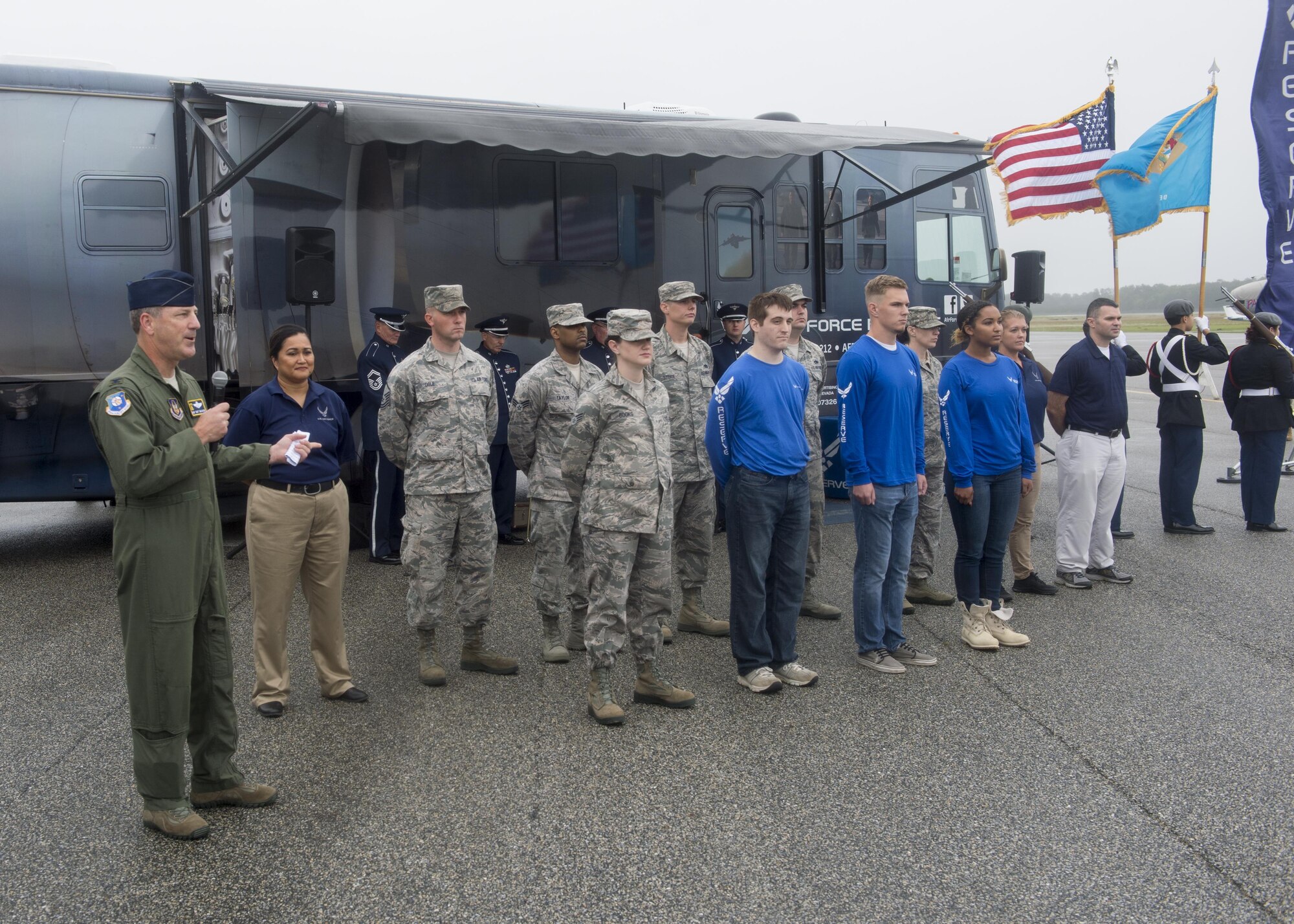 Col. Robert Graham, 512th Airlift Wing vice commander, speaks to recruits joining the Air Force Reserve  and reenlisting Airmen during the Wings and Wheels event Oct. 1, 2016, Georgetown, Del. Ret. Lt. Col. Richard “Dick” Cole, last surviving Doolittle Raider, administered the Oath of Enlistment. Cole was co-pilot to Lt. Col. James “Jimmy” Doolittle flying in the first North American B-25 Mitchell on a one-way mission to bomb Japan after the attack on Pearl Harbor. (U.S. Air Force Photo/ Tech. Sgt. Nathan Rivard)