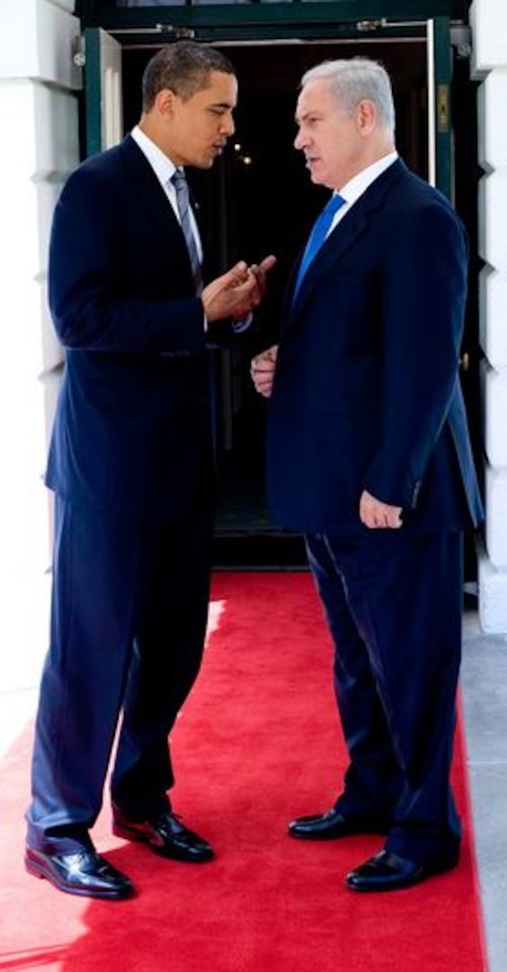 President Barack Obama talks with Israeli Prime Minister Benjamin Netanyahu outside the South Portico following their meetings at the White House Monday, May 18, 2009