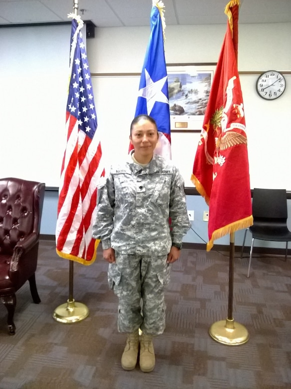 Army Spc. Lisseth Ivonne Mayen Hernandez poses for a photo at Fort Buchanan, Puerto Rico, Sept. 25, 2016. She said she realized her life’s dream when she joined the Army Reserve on Dec. 20, 2014. Courtesy photo