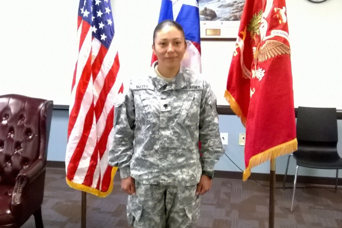 Army Spc. Lisseth Ivonne Mayen Hernandez poses for a photo at Fort Buchanan, Puerto Rico, Sept. 25, 2016. She said she realized her life’s dream when she joined the Army Reserve on Dec. 20, 2014. Courtesy photo