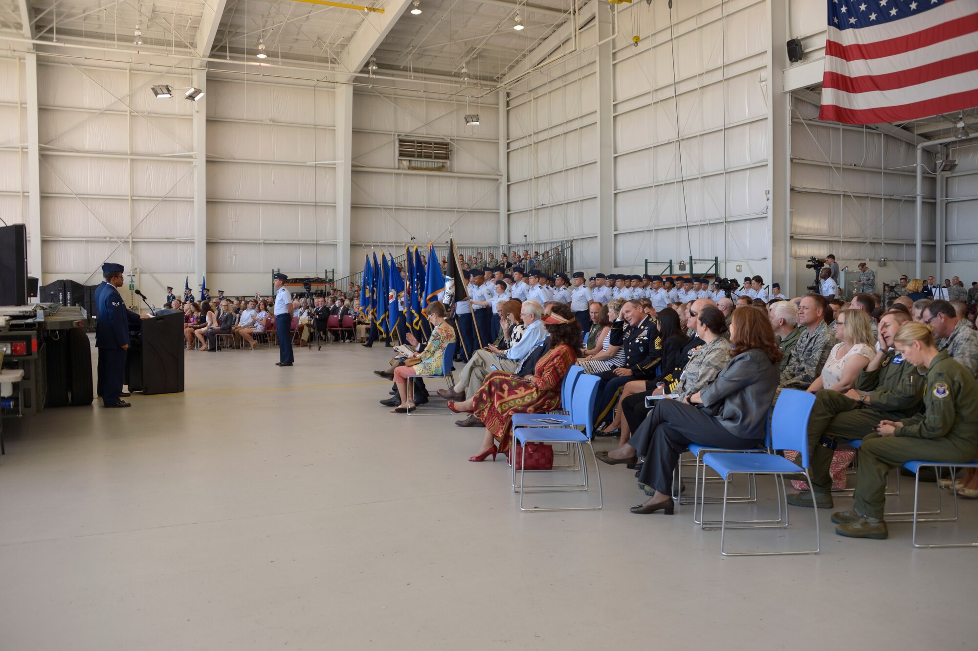 Members of Davis-Monthan Air Force Base and civic leaders gather together for the Twelfth Air Force (Air Forces Southern) change of command ceremony Oct. 3, 2016. During the ceremony, Lt. Gen. Chris Nowland relinquished command to Lt. Gen. Mark Kelly. Air Forces Southern serves as the air component to U.S. Southern Command and is responsible for providing air and space capabilities in support of U.S. military partnerships across Central and South America, and the Caribbean. (U.S. Air Force photo by Tech. Sgt. Heather Redman)