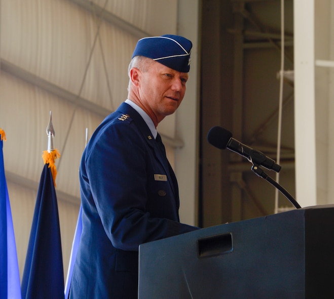 Lt. Gen. Mark Kelly, commander of Twelfth Air Force (Air Forces Southern), addressed the Airmen during   change of command ceremony Oct. 3, 2016, at Davis-Monthan Air Force Base, Ariz. During the ceremony Lt. Gen. Chris Nowland relinquished command to Lt. Gen. Mark Kelly. Air Forces Southern serves as the air component to U.S. Southern Command and is responsible for providing air and space capabilities in support of U.S. military partnerships across Central and South America, and the Caribbean. (U.S. Air Force photo by Tech. Sgt. Heather Redman)