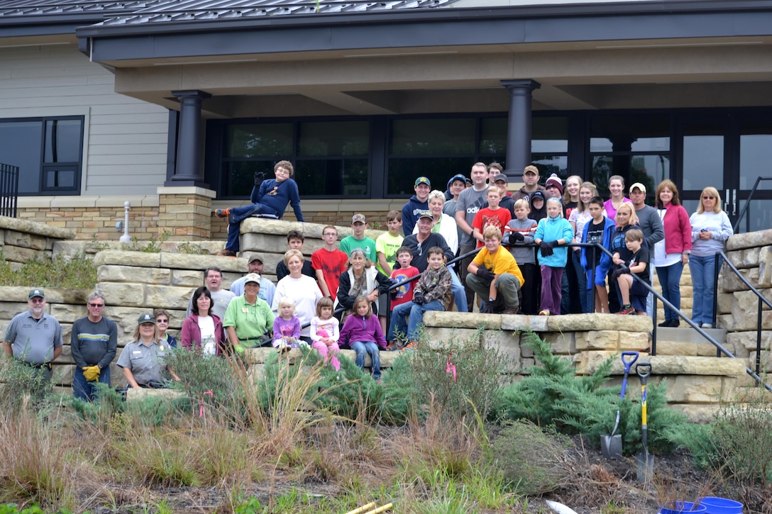 Volunteers pose in front of the Cheatham Lake Resource Manager's Office during a National Public Lands Day event Oct. 1, 2016.