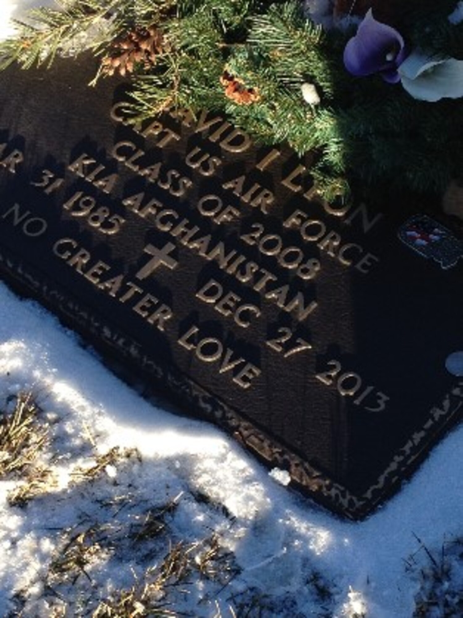 U.S. AIR FORCE ACADEMY, Colo. – Capt. David Lyon’s final resting place at the U.S. Air Force Academy, Colo., reads “No Greater Love,” which his teammates say he lived every day. Lyon was killed along with two others during an improvised explosive device in Kabul, Afghanistan just after Christmas 2013. (Courtesy photo) 