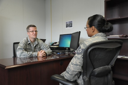 Capt. Richard Boyd (left), 502nd Air Base Wing chaplain, counsels Tech. Sgt. Gabriela Sales, Sept. 21 at Joint Base San Antonio-Randolph. Active-duty and reserve members, retirees and civilian workers of all faiths seeking spiritual guidance can visit the chapel centers located at all three JBSA locations. The chapel centers provide an array of opportunities for spiritual fulfillment, including worship services, religious education classes, pre-marital and marital counseling, family counseling and counseling for active-duty members.