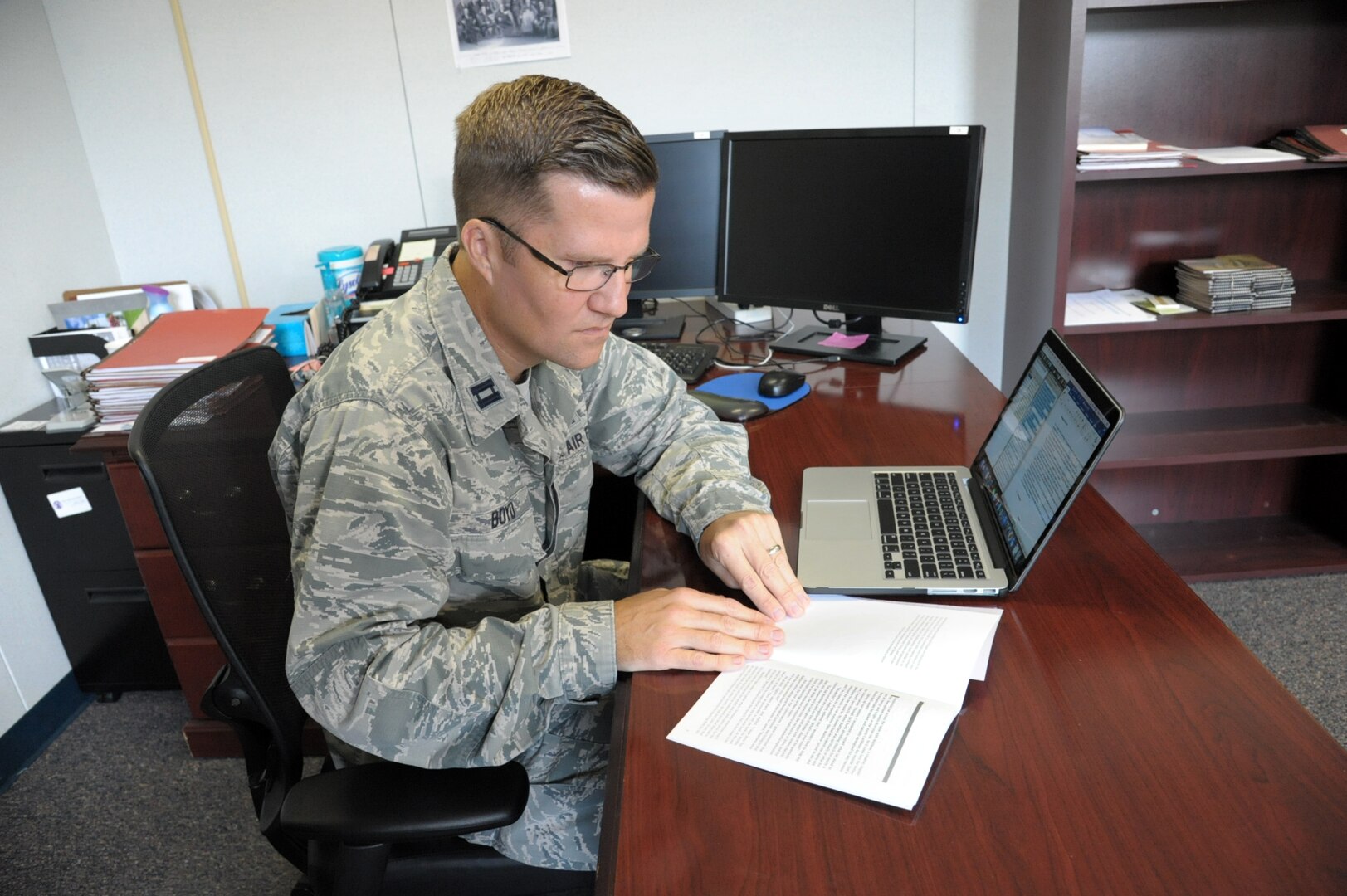 Capt. Richard Boyd (left), 502nd Air Base Wing chaplain, prepares a sermon, Sept. 21 at Joint Base San Antonio-Randolph. Active-duty and reserve members, retirees and civilian workers of all faiths seeking spiritual guidance can visit the chapel centers located at all three JBSA locations. The chapel centers provide an array of opportunities for spiritual fulfillment, including worship services, religious education classes, pre-marital and marital counseling, family counseling and counseling for active-duty members.