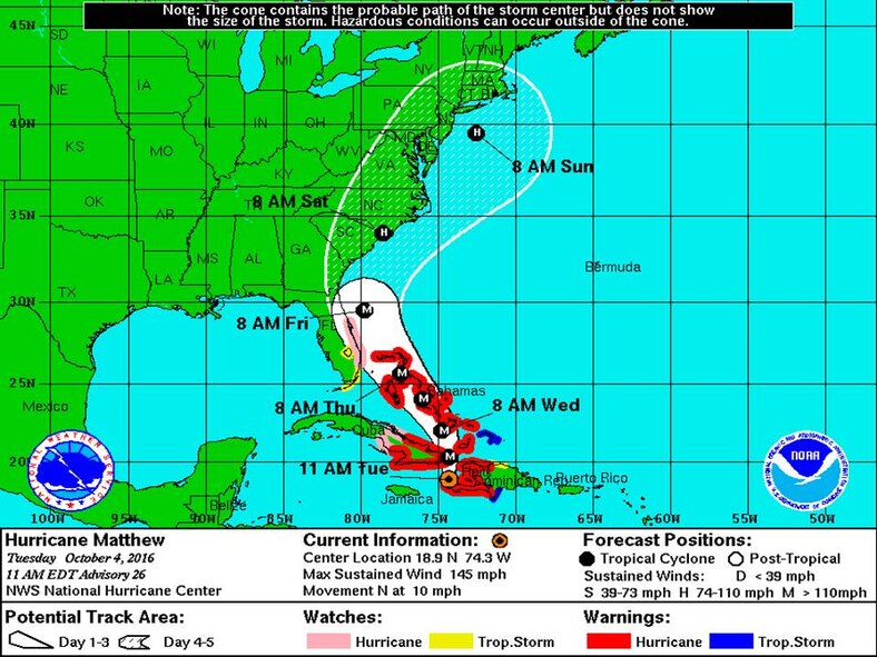 As Joint Base Charleston and other officials continue to monitor the approaching Hurricane Matthew, there are important steps that you should be taking now if you are in the projected effected areas. (National Weather Service graphic)