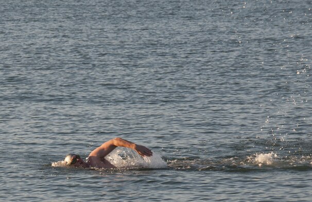 Maj. Casey Bowen, a dermatologist with the 59th Medical Wing at Joint Base San Antonio-Lackland, Texas, swims in the English Channel near Folkestone, England, Sept. 23, 2016, during a practice swim. Bowen and Maj. Simon Ritchie traveled to England to swim across the English Channel from Dover Harbor to the coastline of France. (DoD News photo/Tech. Sgt. Brian Kimball)